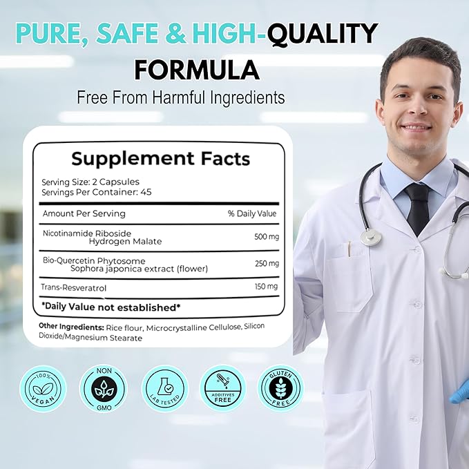 NAD Super Supplement-900 mg Extra Strength NAD Nicotinamide Resveratrol+ Bio-Quercetin Supports Anti-Aging, Energy, Focus,Cellular Health & Brain-90 Vegetarian Capsules for Men & Women
