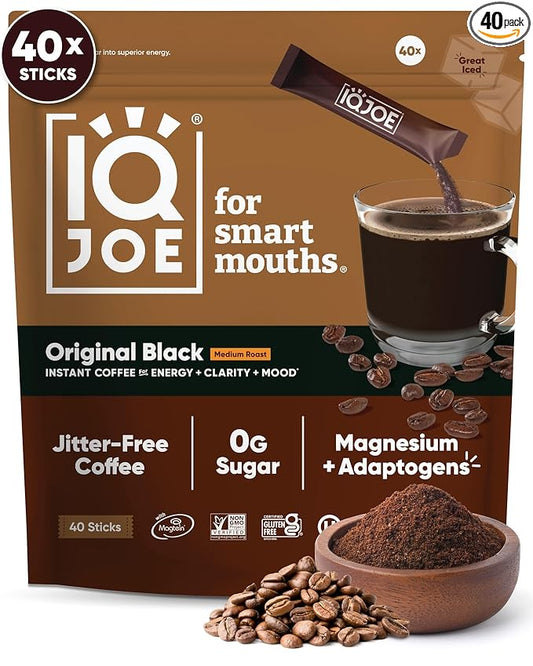 IQJOE Mushroom Coffee Packets (40 Servings) Lion’s Mane, Magtein Magnesium, Antioxidants, Adaptogens - Original Black - Instant Coffee for Focus, Clarity, Mood, Energy Boost - Sugar Free, Keto, Vegan