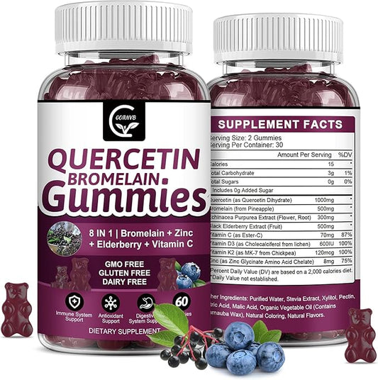 Quercetin Gummies with Bromelain 2378mg - Blend with Elderberry, Echinacea Purpurea Extract, Zinc, Vitamin C,D3,K2, Complex Supports Immune, Cardiovascular & Respiratory, Vegan Gummy for Adult & Kid