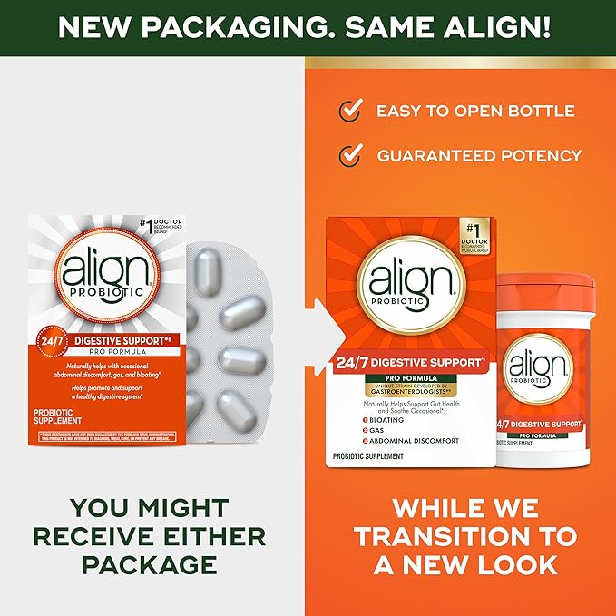 Align Probiotic, Pro Formula, Probiotics for Women and Men, Daily Probiotic Supplement, Helps Soothe Occasional Bloating & Gas*, #1 Doctor Recommended Brand‡, 30 Capsules (Packaging May Vary)