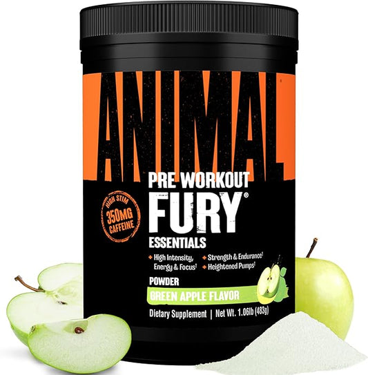 Animal Fury Pre Workout Powder Supplement for Energy and Focus 5g BCAA 350mg Caffeine Nitric Oxide Without Creatine Powerful Stimulant for Bodybuilders, Green Apple