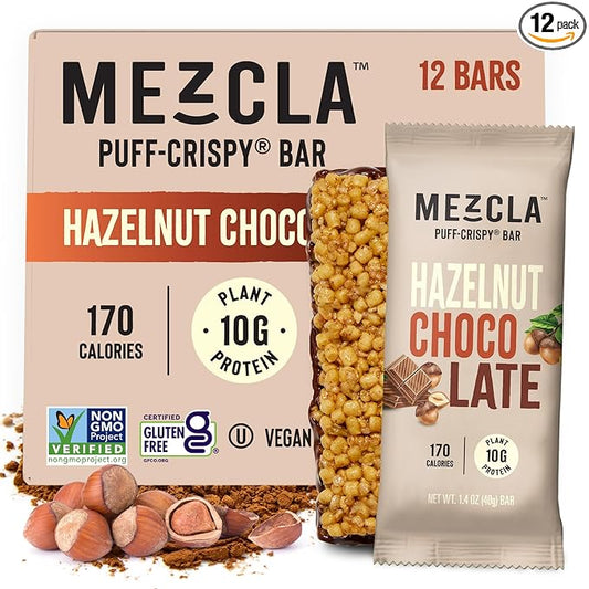 Mezcla Vegan Protein Bars, Gluten Free Snack Made with Pea Protein Crisps, Organic Dark Chocolate & Hazelnuts, Healthy Snacks, Hazelnut Chocolate, Crunchy High Protein Bar, 10g of Protein, 12 Pack