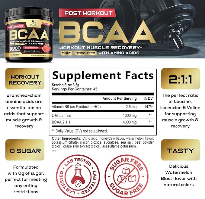 BCAA Powder 4g BCAA Amino Acids 2:1:1, 1g L-Glutamine, Vitamin B6 Complex - Energy Daily Powder Replenisher Post Workout - Muscle Recovery Support Drink for Men & Women, Sugar Free, Keto - 45 Servings