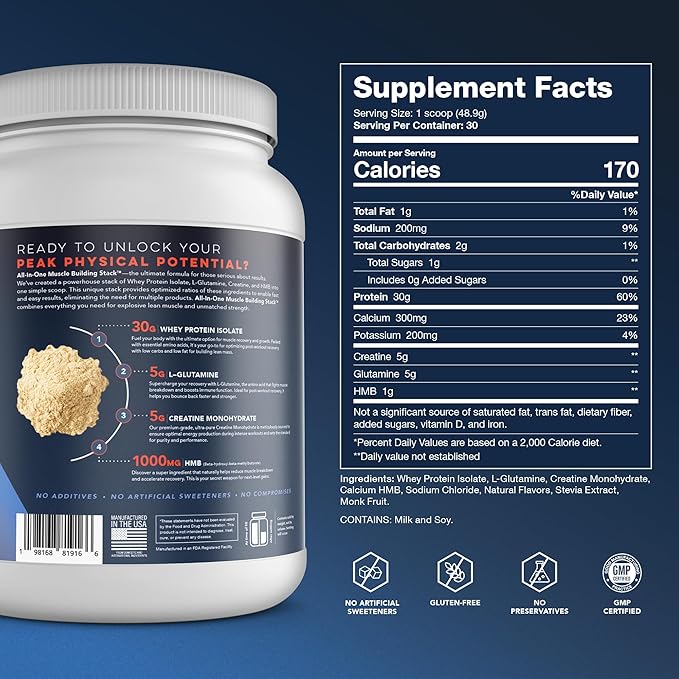 All-in-One Muscle Building Stack - Vanilla Whey Protein Isolate, Creatine Monohydrate, HMB, and L-Glutamine, 4 Products in one, Nothing Artificial, 30 Servings