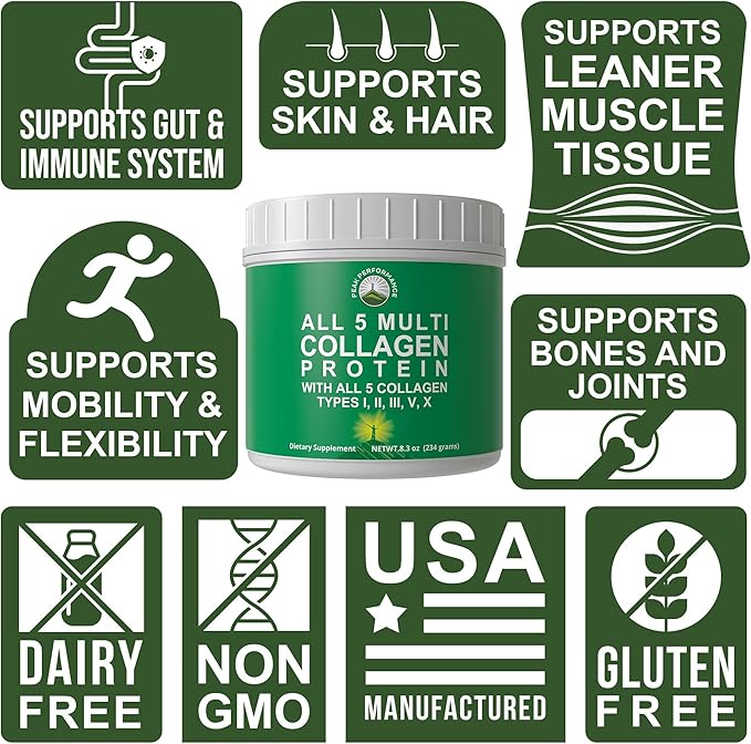 Peak Performance All 5 Multi-Collagen Protein Powder Peptides Multi-Collagen Contains All Types I, II, III,V, X. Keto, Paleo Friendly with Hydrolyzed Bovine, Marine, Chicken, Bone Broth Collagens