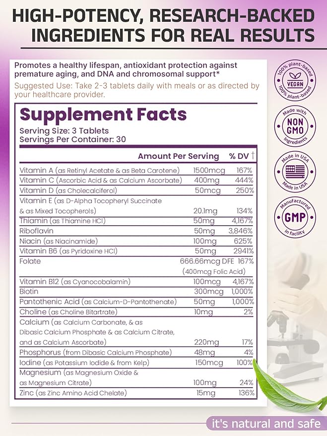 Telovite™ Daily Multivitamin for Men & Women – Telomere & Cellular Health Support – High Potency Vitamins A, D, E, C, B-Complex, Zinc, Folate, Iron – 90 Tablets – Doctor Formulated