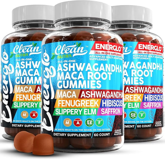Ashwagandha Maca Root Gummies with Fenugreek Hibiscus Slippery Elm Saffron Extract & Beta Carotene | Peach Flavor Vegan Gummy Vitamins Adaptogen Cortisol Supplement Energlo by Clean Nutra (3)