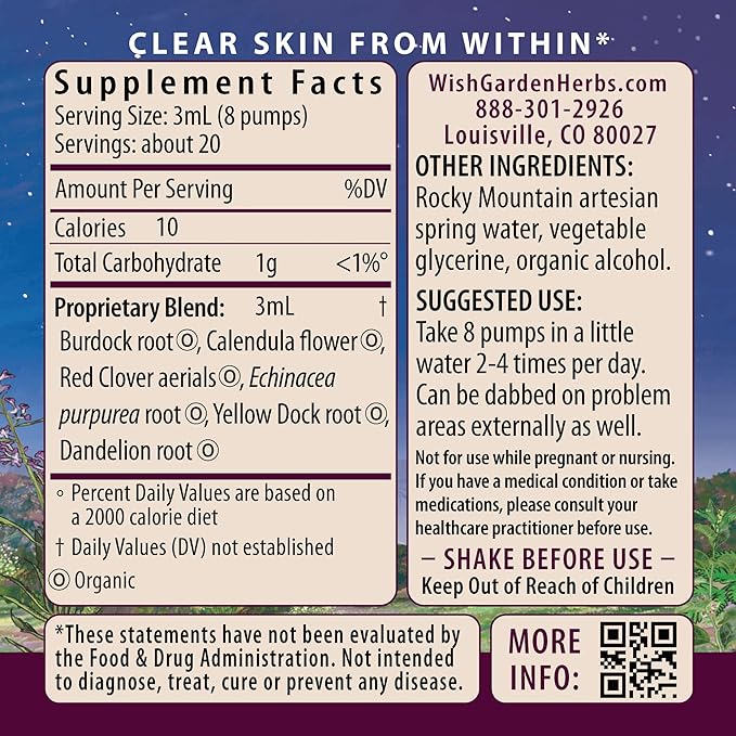 WishGarden Herbs Clear Complexion Blemish Buster - Plant-Based Acne Supplement with Calendula, Burdock & Dandelion Supports Healthy Kidney, Liver & Lymphatic Function, Healthy Skin Supplement, 4oz