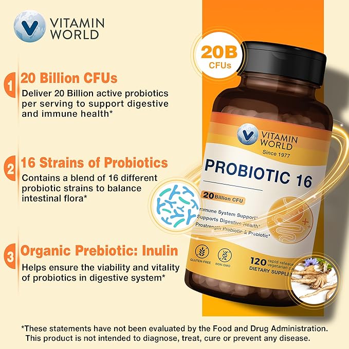 Vitamin World Probiotic 16, 20 Billion CFU, 16 Strains with Prebiotic Fiber for Digestive & Immune Health, Probiotics for Women & Men, Non-GMO, Gluten Free, 120 Veggie Capsules, 60 Day Supply