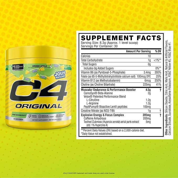 Cellucor C4 Original Pre Workout – Jolly Rancher Green Apple - Pre-Workout for Endurance, Focus & Performance with 200mg Caffeine, Beta-Alanine, Creatine Nitrate, L-Arginine & PeptiPump – 30 Servings