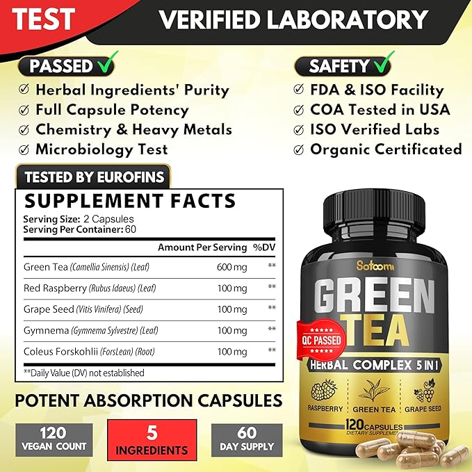 5in1 Organic Green Tea Extract with EGCG- 14200mg per Serving - Blended Raspberry, Grape Seed, Gymnema & Coleus Forskohlii - Support Heart, Body Balance & Immune for 2 Months