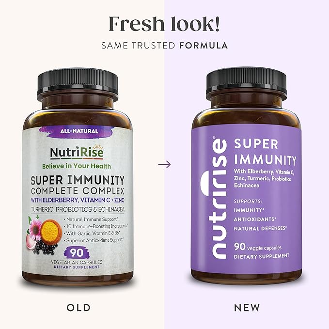 NutriRise Immunity Complex Immune Support Supplement with Vitamin C, E, B6, Zinc, Turmeric Curcumin, Elderberry, Echinacea, 7.2 Billion CFU Probiotics for Gut Health, 90 Count