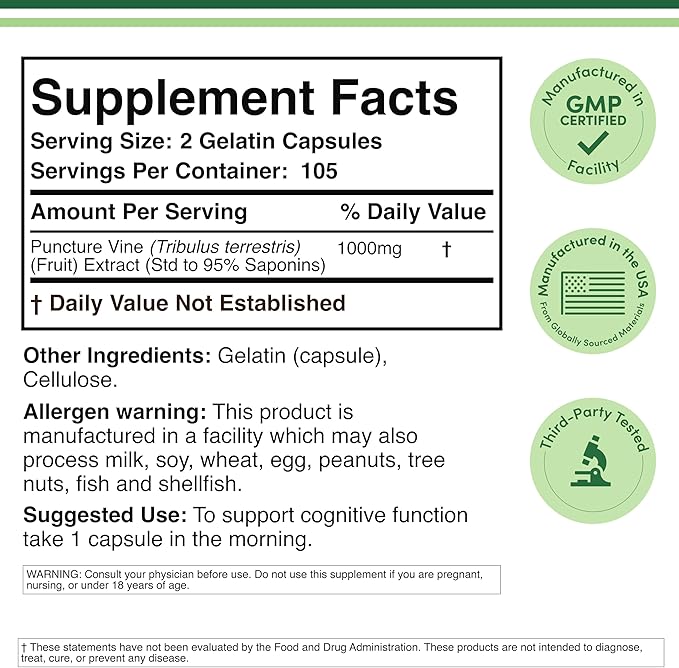 Tribulus Terrestris for Men (Purest 95% Saponin Content) 210 Capsules, 1,000mg Concentrated Fruit Extract (Third Party Tested, Vegan Safe, Non-GMO) for Stamina and Energy by Double Wood