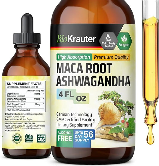 BIO KRAUTER Maca Root and Ashwagandha Tincture - Maca & Ashwagandha Supplements for Men & Women - Adaptogenic Liquid Supplement for Mood Support - Alcohol and Sugar Free Vegan Drops 4 Fl.Oz.