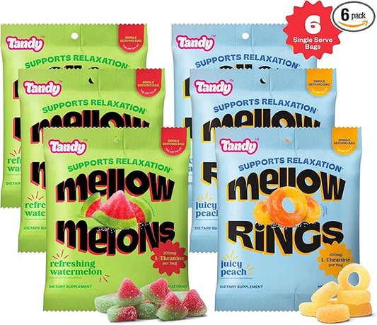 Tandy Mellow Melons & Mellow Rings L-Theanine Gummies I Relaxation Gummies with Watermelon & Peach Flavors I Calming Gummies for Adults I Gluten-Free Fast-Acting Dietary Supplement Gummy I 6-Pack