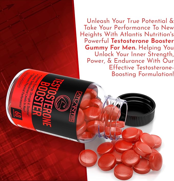 Atlantis Nutrition Testosterone Booster Gummies For Men - Enhances Strength & Stamina - Optimizes Performance & Male Enhancement - Made With Tribulus, Horny Goat Weed, Maca Root | 2-Pack (120 Gummies)