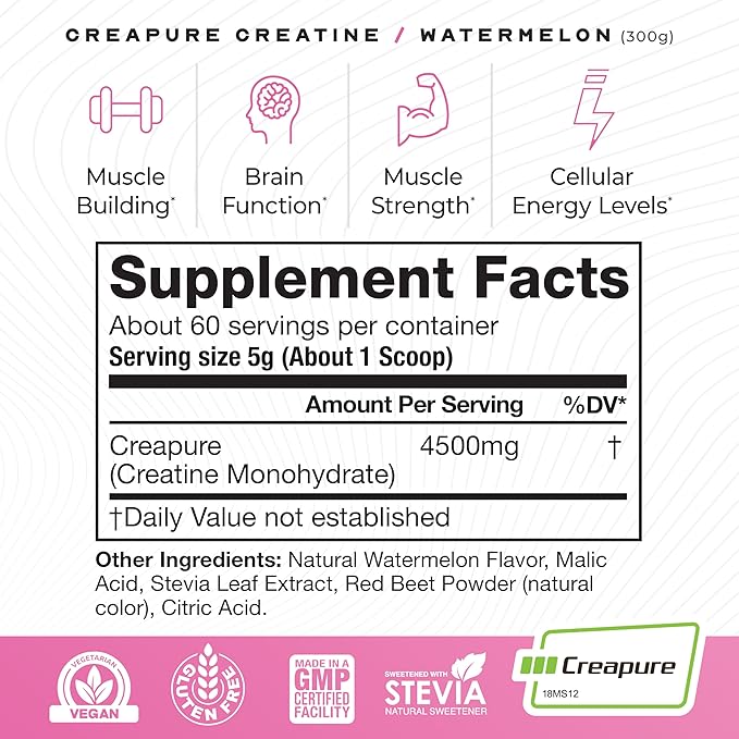 Muscle Feast Creapure Creatine Monohydrate Powder, Vegan Keto Friendly Gluten-Free Easy to Mix, Muscle Recovery Supplement and Best Creatine for Muscle Growth, Natural Watermelon, 300g
