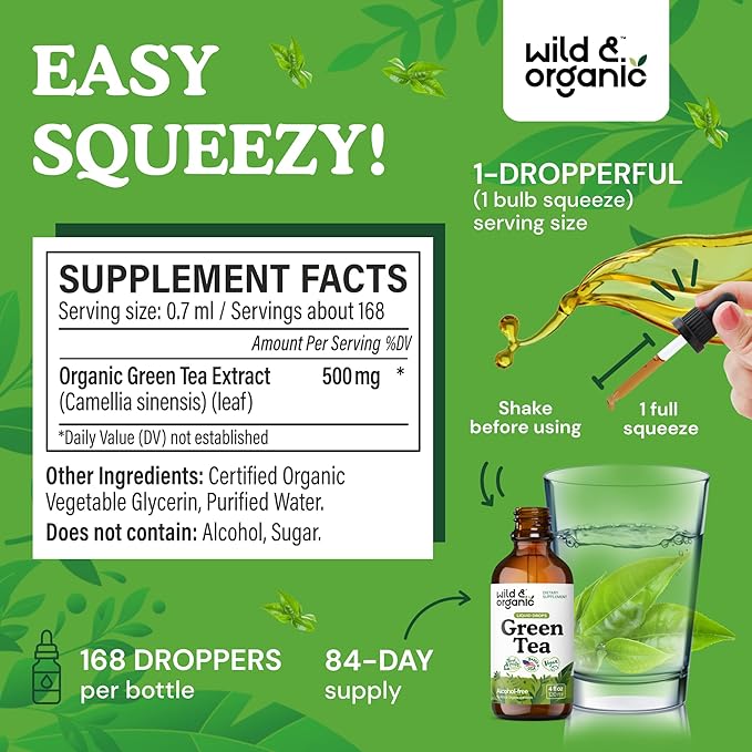 Wild & Organic Green Tea Extract Liquid Drops - Antioxidant-Rich Green Tea Supplement - 2-Month Supply - Vegan, Sugar & Alcohol-Free Camellia Sinensis Tincture - 4 fl oz