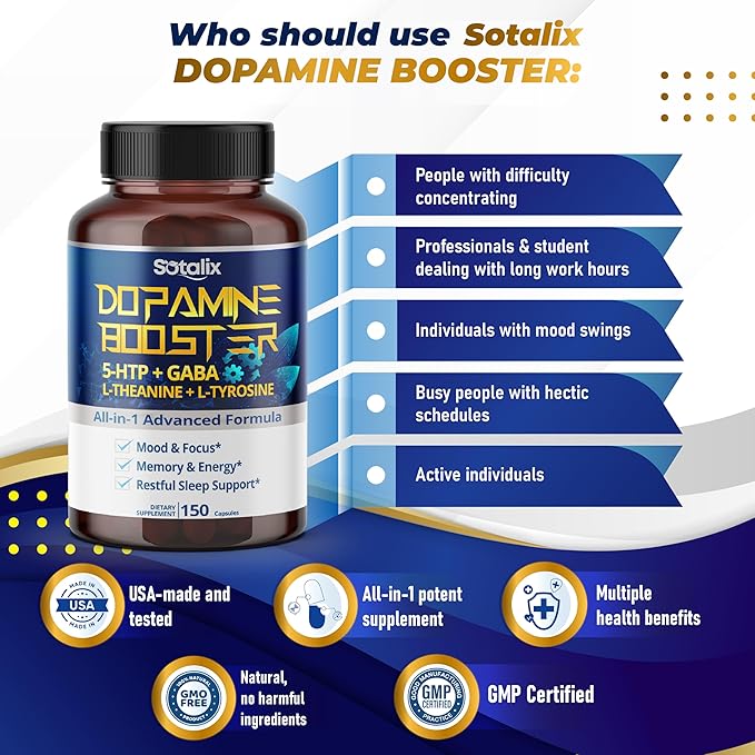 5-HTP + GABA with L-Theanine + L-Tyrosine - Mood & Focus, Memory & Energy, Restful Sleep Support - USA Made & Tested (150-day Supply (Pack of 1))