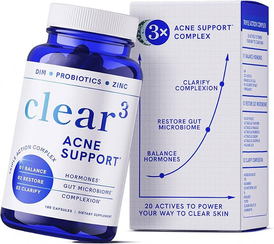 Clear Skin Acne Supplement with Zinc, DIM & Probiotics | 3-in-1 Balance, Clarify, Restore Support with Hyaluronic Acid & Skin Support Vitamins | for Women & Men | Oral Hormonal Acne Pills | 180 Ct