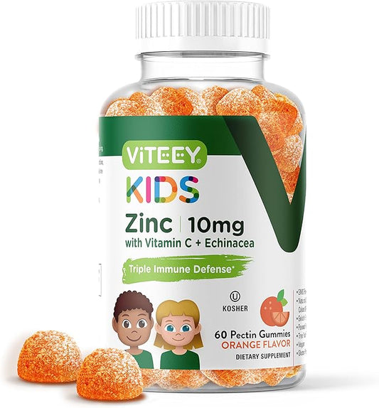 Zinc for Kids Gummies 10mg, with Vitamin C & Echinacea - Immune Support, Powerful Natural Antioxidant, Kids Zinc Vitamin Supplement - Vegan, Gelatin Free - Tasty Chewable Orange Flavor Gummy