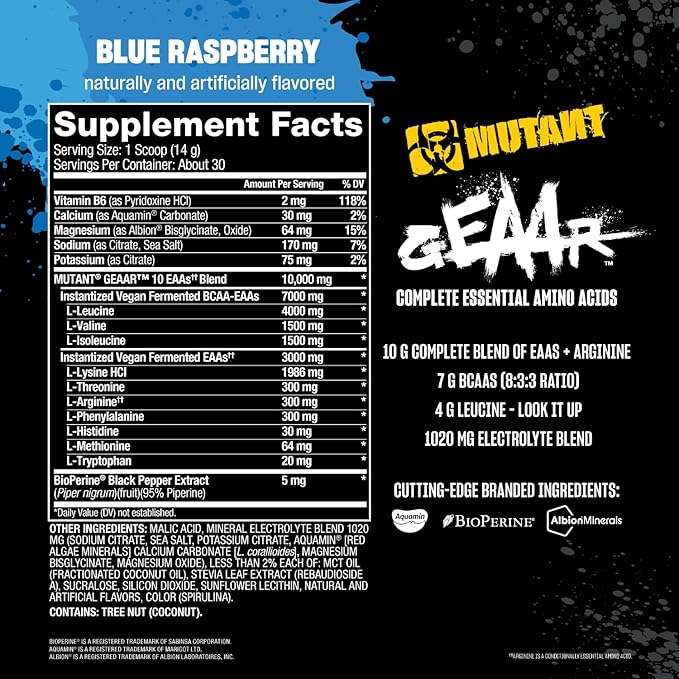 Mutant GEAAR - 9.4g of EAA Powder + Arginine, 7g BCAAs, 4g Leucine, Electrolytes, Coconut Water, 30 Servings - Blue Raspberry