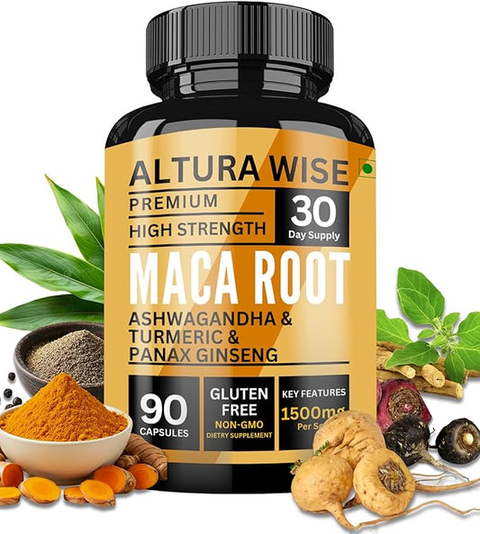 Maca Root Capsules 1500mg - Black | Red & Yellow Blend with Ashwagandha, Panax Ginseng, Turmeric & Black Pepper - Energy, Focus, Performance, Mood & Immune Support for Men & Women - 90 Caps