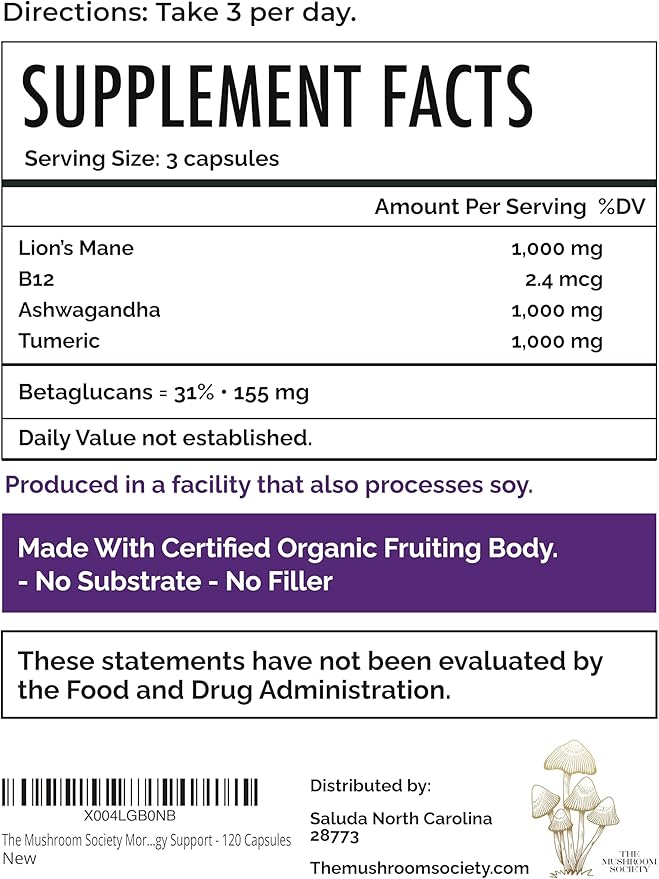Morning Rush - Lion’s Mane, Turmeric & Ashwagandha Extract Blend - Mushroom Supplement for Focus & Energy Support - 120 Capsules