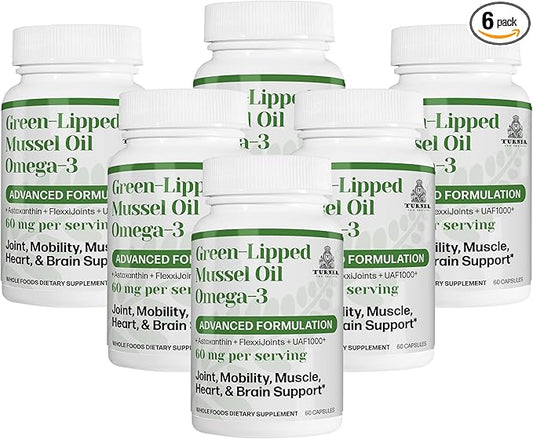 TURNER New Zealand Green Lipped Mussel Oil, Four Essential Omega-3s for Joint Comfort & Mobility Plus UAF1000+ Super Antioxidant, Astaxanthin, 53 X More Effective, 6 Bottles, 360 Softgels