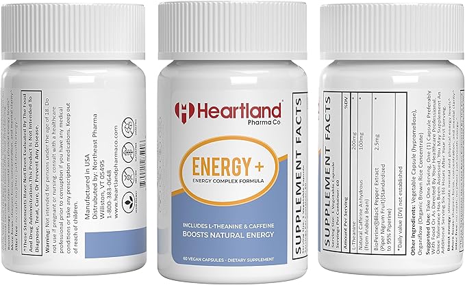 Energy+ Complex Caffeine L-theanine Capsules | Focus and Alertness Support | Natural Energy Boost | 60 Count