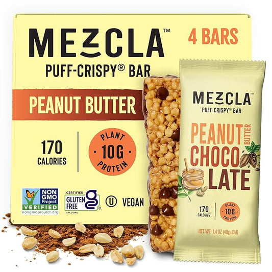 Mezcla Vegan Protein Bars, Gluten Free Snack Made with Pea Protein, Chocolate Chips and Other Premium Ingredients, Healthy Snacks, Peanut Butter Chocolate, 10g of Protein, 4 Pack