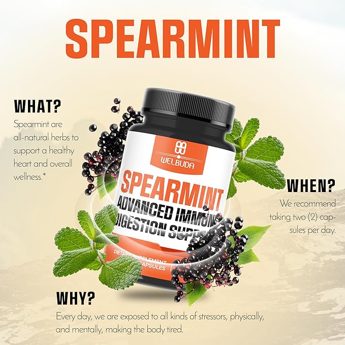 1000mg Spearmint Capsules with Elderberry, Echinacea, Berberine HCI & More - Support Digestive, Relaxation Mood, Respiratory Function & Immune System - 90 Veggie Capsules