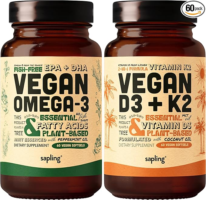 Vegan Omega 3 & Vegan Vitamin D3 + K2 Supplement Bundle - Plant-Based DHA & EPA Fatty Acids, 4000 IU Vitamin D3 and 100mcg Vitamin K2 as Mk7