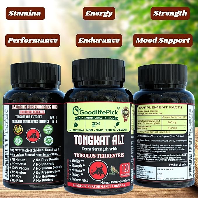 Extra Strength Tongkat Ali with Tribulus Terrestris. Powerful (100:1) Longjack/Tongkat Ali Extract. 120 Veg Capsules Tongkat Ali for Men.All Natural, Non-GMO,Vegan, No Stearate, No Rice Powder