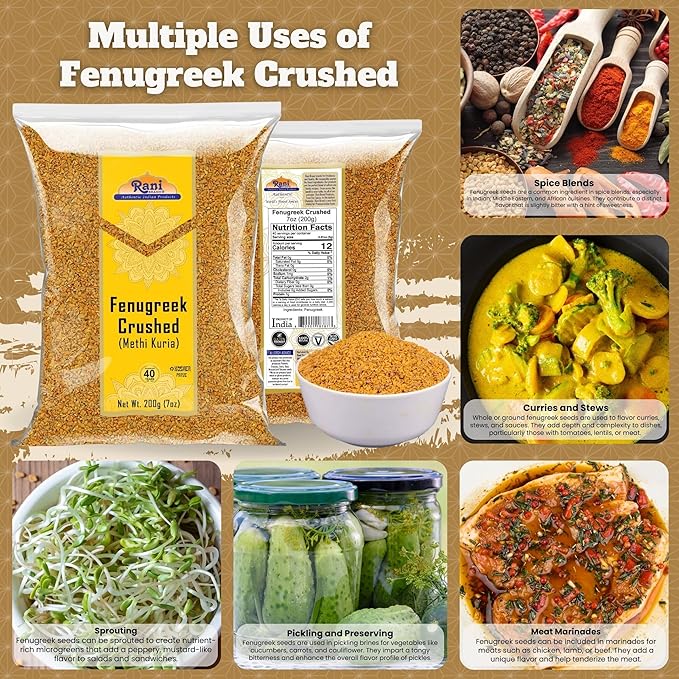 Rani Fenugreek (Methi) Seeds Crushed 7oz (200g) Trigonella foenum graecum ~ All Natural | Vegan | Gluten Friendly | Non-GMO | Indian Origin, used in cooking & Ayurvedic spice