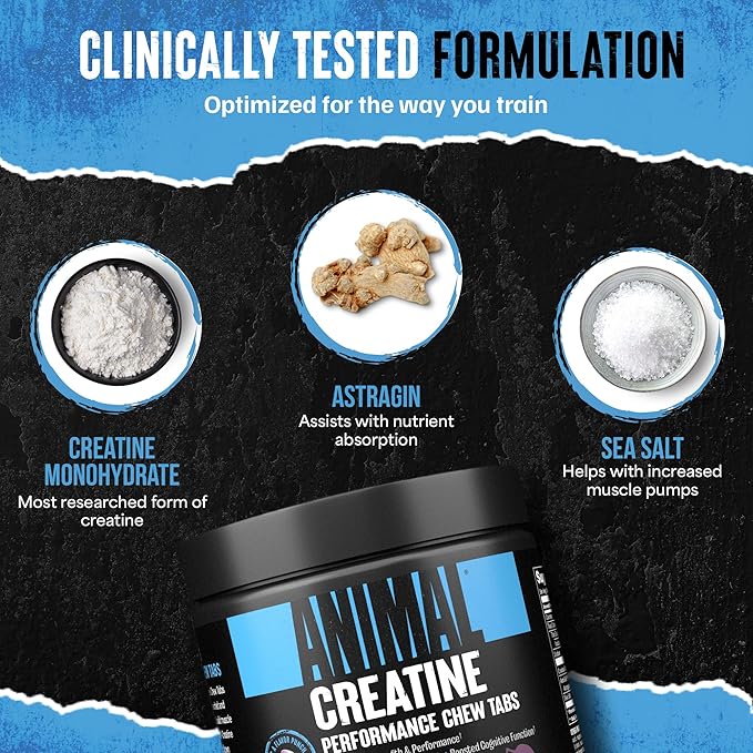 Animal Creatine Chews Tablets - Enhanced Creatine Monohydrate with AstraGin to Improve Absorption, Sea Salt for Added Pumps, Delicious and Convenient Chewable Tablets - Grape