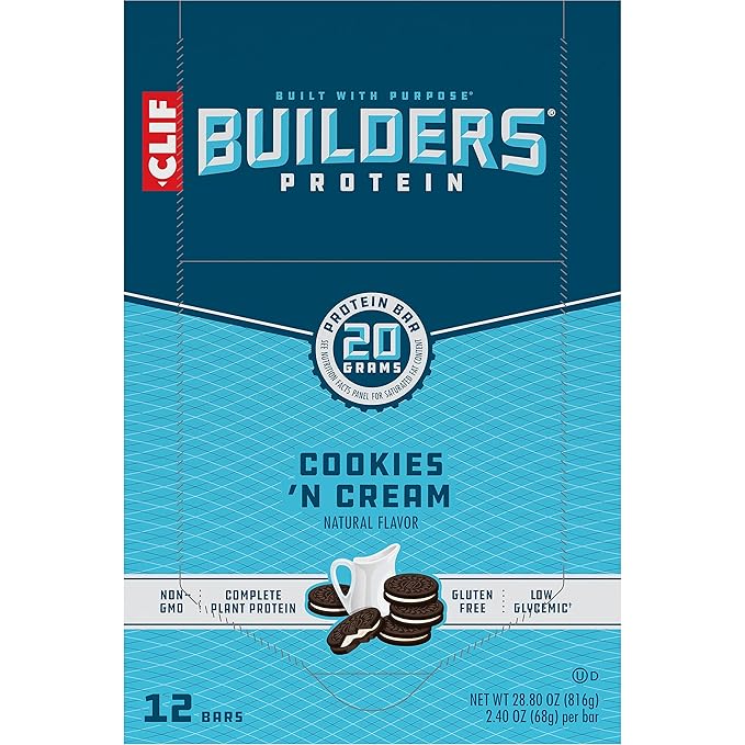 CLIF BUILDERS Protein Bars - Cookies 'n Cream Flavor - 20g Plant Based Protein - Gluten Free - Non-GMO - Low Glycemic - No Artificial Sweeteners - 2.4 oz. (12 Pack)