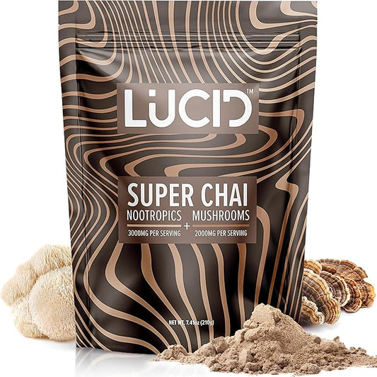 Lucid Superfood Organic Mushroom Chai with Nootropics - Lion's Mane, Tremella, Cordyceps & Turkey Tail - Instant Mushroom Chai Focus Brain Health - Alpha GPC, L-Theanine, Ginko Biloba - USA Made
