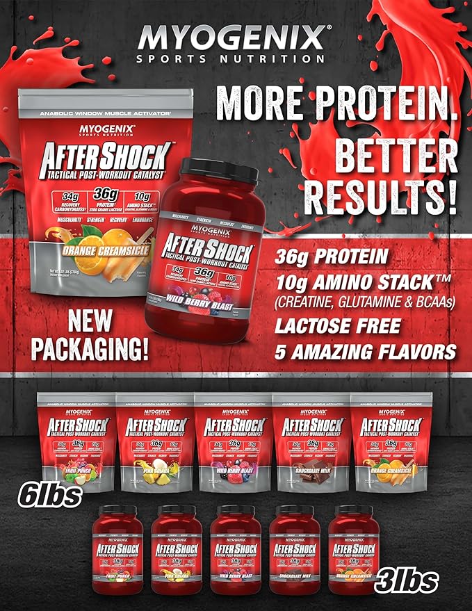 Myogenix Aftershock Post Workout, Muscle Growth Whey Protein Powder | Anabolic Whey Protein and Mass Building Carbohydrates | Amino Stack Creatine and Glutamine Plus BCAAs | Orange Creamsicle 3 LBS