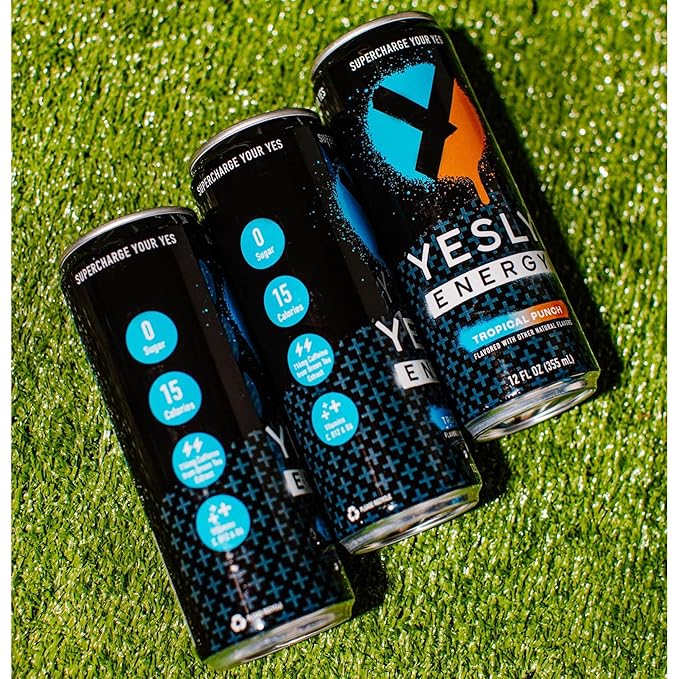 Yesly Energy Drink, Tropical Punch, Naturally Flavored Sparkling Energy Water With Electrolytes, Magnesium, Potassium, Vitamin C, B6 & B12, Natural Caffeine From Green Tea, 12 Fl Oz Cans, 12 Pack