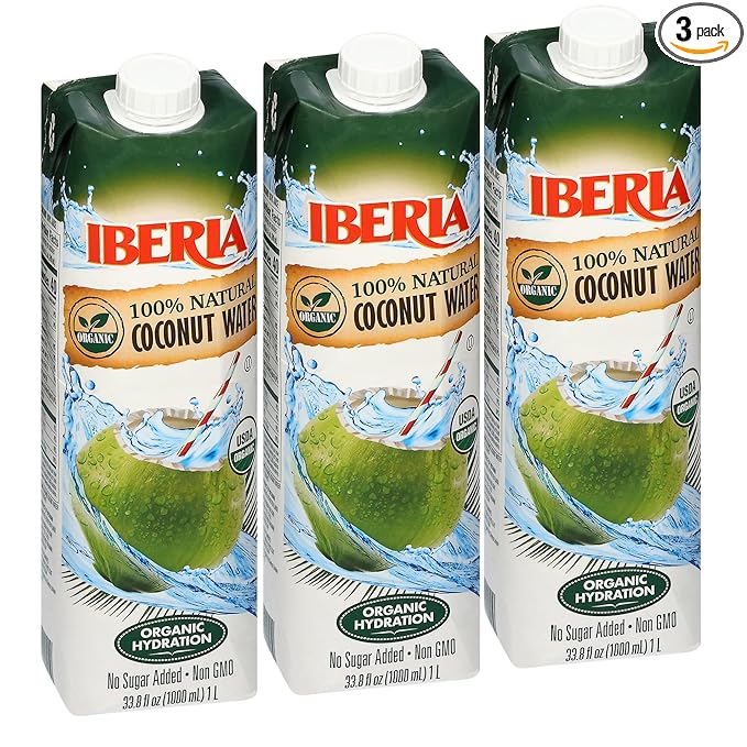 Iberia 100% Pure Organic Coconut Water, 1 Liter , 33.8 Fl Oz (Pack of 3)