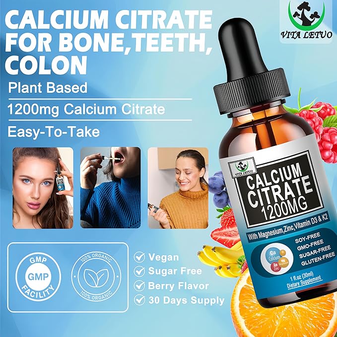 (2 Pack) Calcium Supplements for Women,Calcium 1200mg with Vitamin D3 Drops for Bone,Teeth,Colon,Cardiovascular Health,High Absorption Liquid Calcium Citrate Magnesium Plus Zinc Vitamin K2,Vegan
