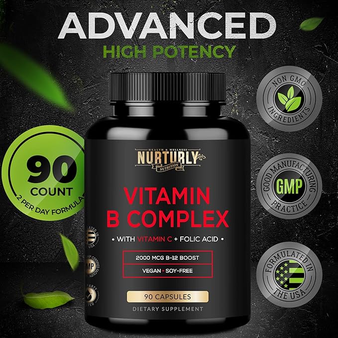 Vitamin B Complex with Vitamin C - Contains All Essential B Vitamins - B1, B2, B3, B5, B6, B7, B9, B12 and Biotin - Super B Complex Vitamins for Energy, Immunity and Mood Support - 90 Capsules
