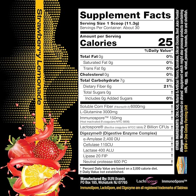 Poop Juice 5-in-1 Prebiotic, Probiotic, Postbiotic, Digestive Enzymes & Glutamine Supplement Powder - Bloat Relief, Gut & Immune Support - Sugar & Lactose-Free - 30 Servings (Strawberry Lemonade)