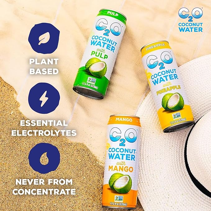 C2O - Coconut Water with Pineapple (12 Pack) - Made with Fresh Coconut Water - Plant Based - Non GMO - Canned Water - Natural Hydration, Essential Electrolytes, & Potassium - 12 Cans, 17.5 FL OZ