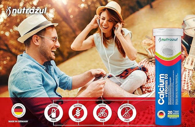Nutrazul Calcium + Vitamin D3 Effervescent Tablets | 60 Tablets | Supports Bone Health & Maintenance | for Adults & Kids | Lemon-Lime Flavor