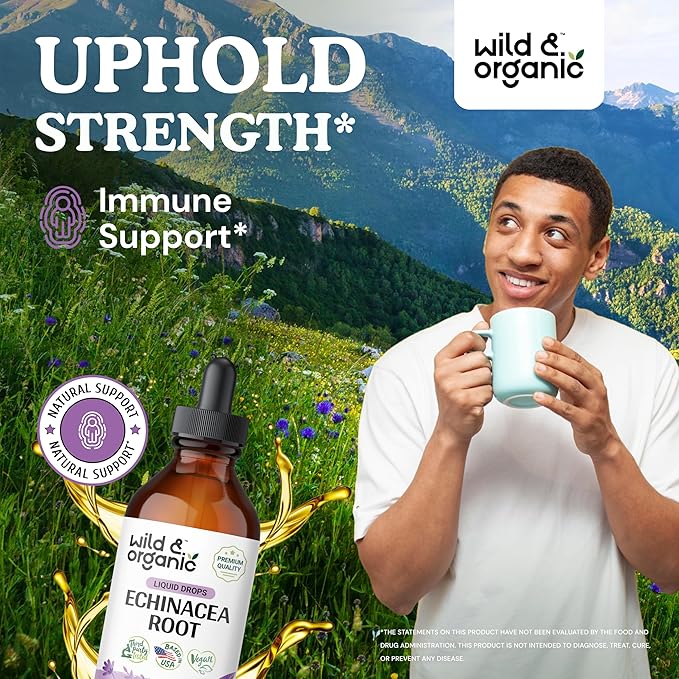 Wild & Organic Echinacea Tincture - Immune Support Drops with Liquid Echinacea Root Extract - Angustifolia Supplements - Vegan, Sugar & Alcohol-Free - 2 fl oz