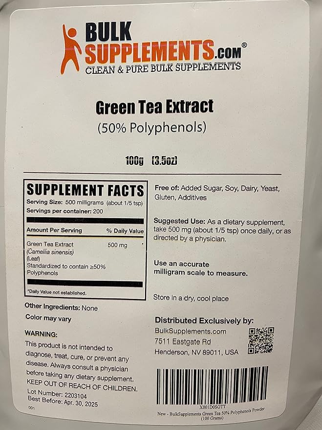 BulkSupplements.com Green Tea Extract Powder - 50% Polyphenol, Green Tea Supplement, Herbal Supplement - Gluten Free, 500mg per Serving, 100g (3.5 oz) (Pack of 1)