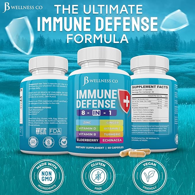 Immune Support 8 in 1 Capsules - Zinc Supplement, Vitamin D3, Vitamin C and Elderberry - Immune Booster Ginger Root, and Turmeric - [2-Pack]