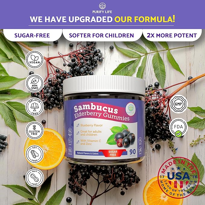 Purify Life Sugar-Free Elderberry Gummies with Vitamin C & Zinc for Adults and Kids, Immune Support Supplement for Respiratory Health, Sambucus Elderberry Antioxidant Gummies - Vegan, 90 Count